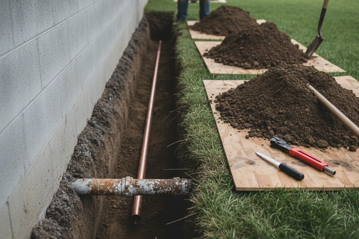 Excavated water line trench during Water Heater Repair in Dryden